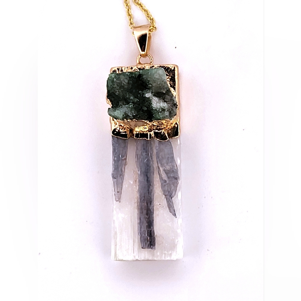 Natural Kyanite, Selenite & Green Geode Crystal Gold Necklace Nksggcgn